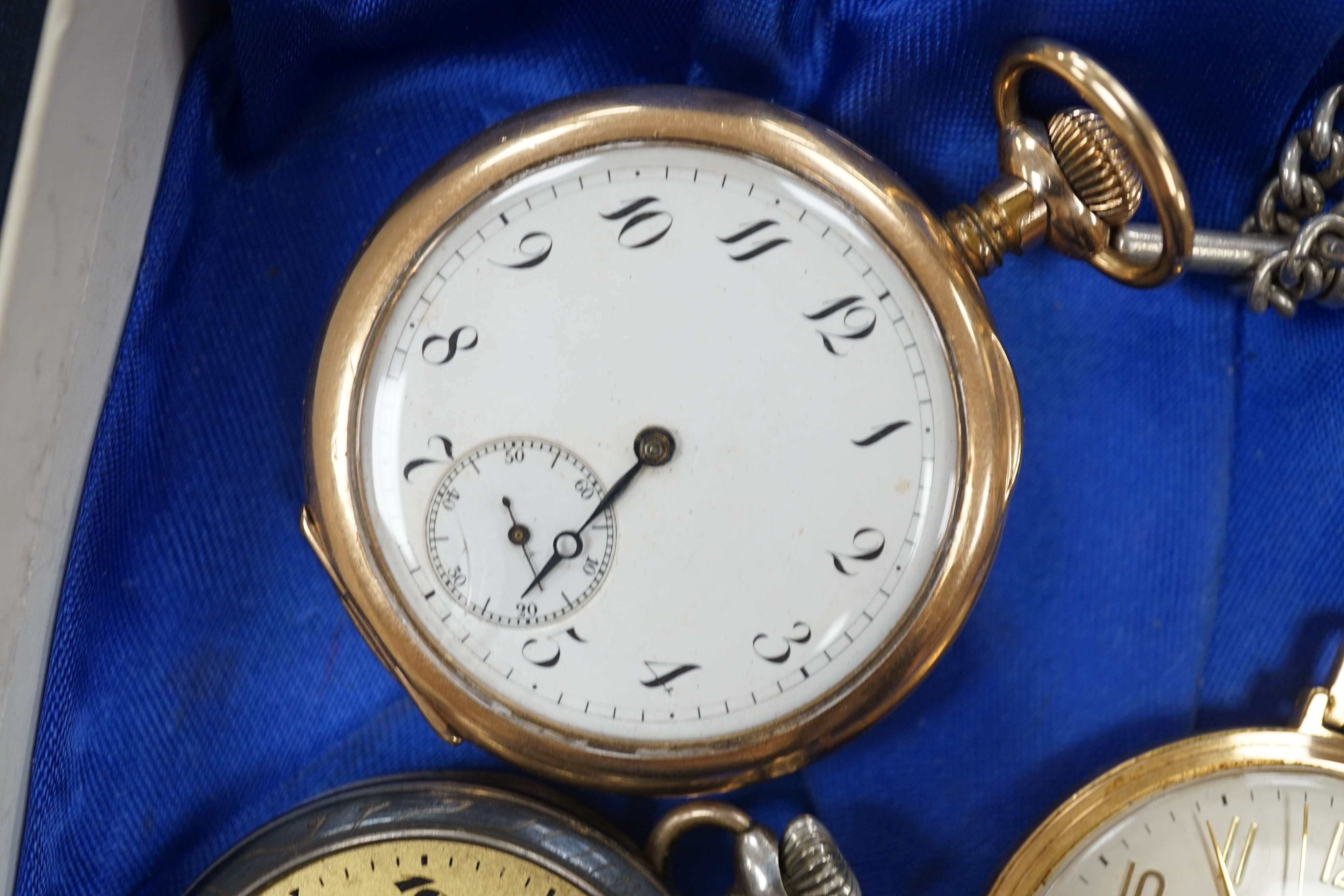 Two silver albert chains, including graduated link and silver gilt(worn), largest 40cm, together with eight assorted pocket or fob watches including silver, white metal and gold plated.